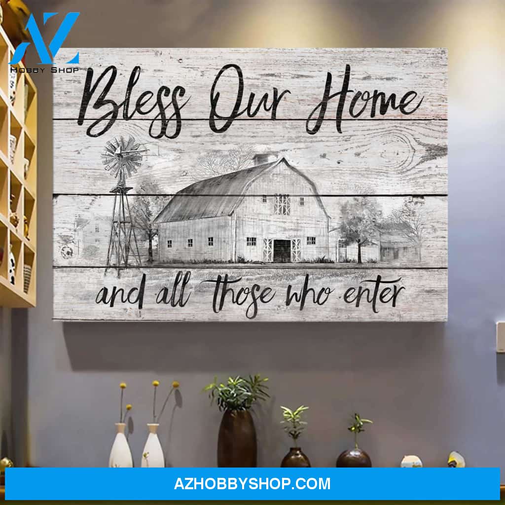 Black sketch farm - Bless our home - Jesus Landscape Canvas Prints, Wall Art