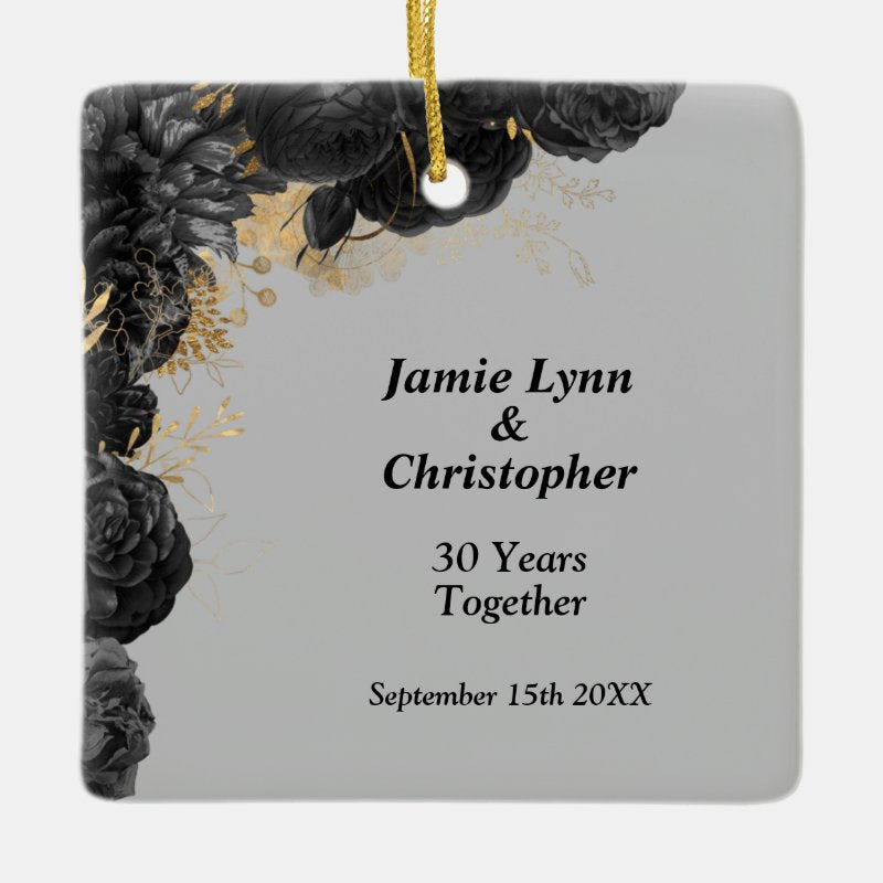 Black Floral Wedding Anniversary Ceramic Ornament