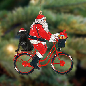 Santa Claus riding a bike with Black Pug-Two Sided Ornament