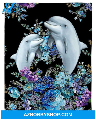 Blanket With Blue Flowers And Dolphin Gift For Dolphin Lovers