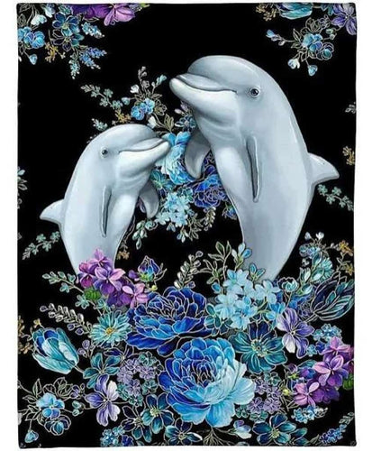 Blanket With Blue Flowers And Dolphin Gift For Dolphin Lovers Fleece Blanket Sherpa Blanket Personalized Blankets Birthday gifts Father's day