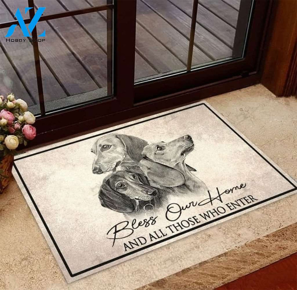 BLESS OUR HOME-DACHSHUND Indoor And Outdoor Doormat Warm House Gift Welcome Mat Gift For Friend Family Gift For Samurai Lovers