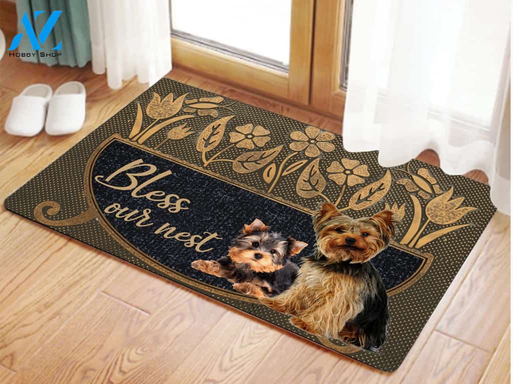 Bless Our Nest Flower Pot Yorkshire Terrier Doormat | Welcome Mat | House Warming Gift