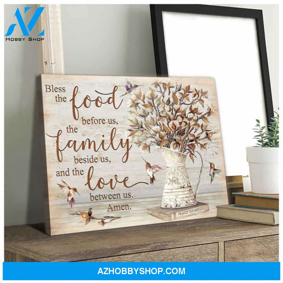 Bless the food before us Cotton Flowers and Hummingbird Farmhouse Farm Canvas Wall Art Decor