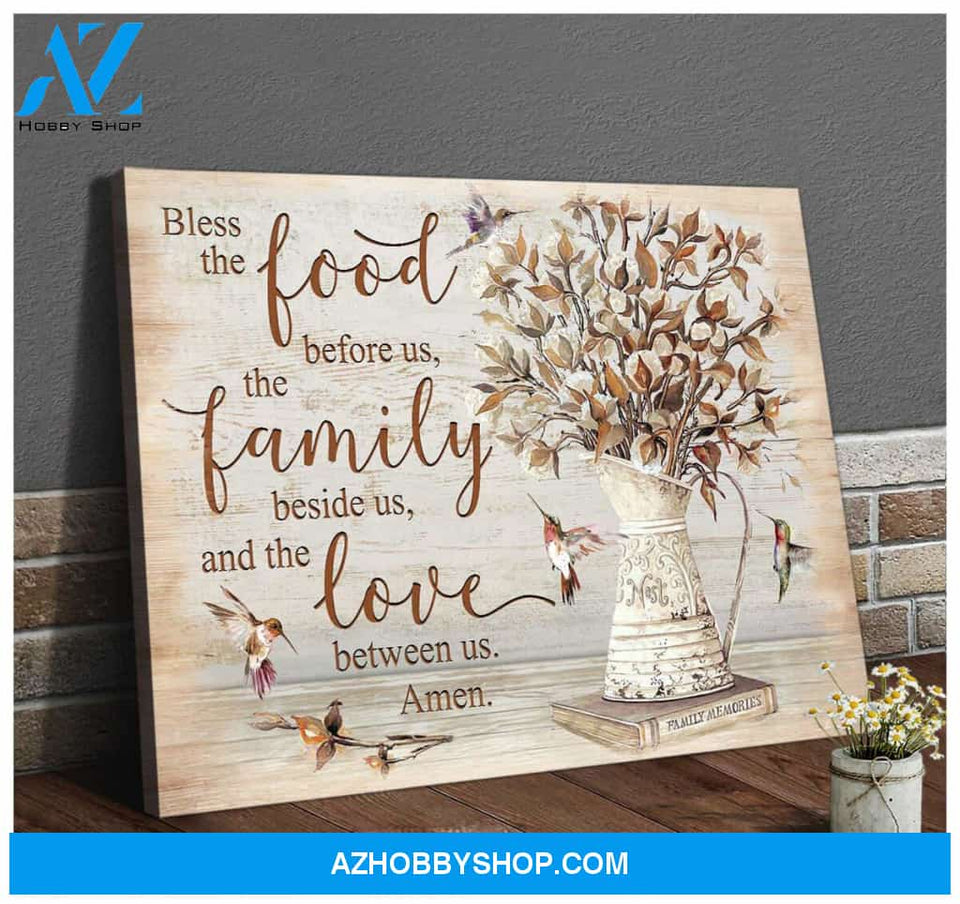 Bless the food before us Cotton Flowers and Hummingbird Farmhouse Farm Canvas Wall Art Decor