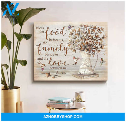 Bless the food before us Cotton Flowers and Hummingbird Farmhouse Farm Canvas Wall Art Decor