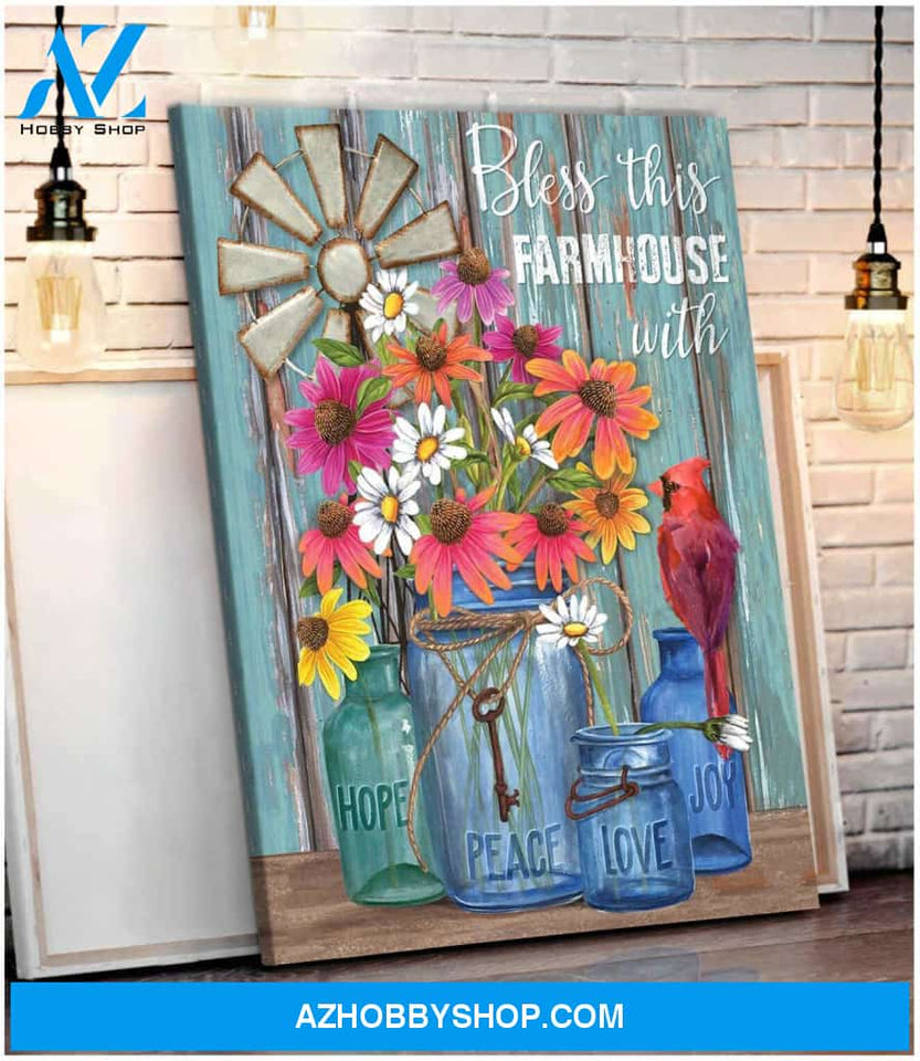 Bless this farmhouse Farm Cardinal Canvas Wall Art Decor