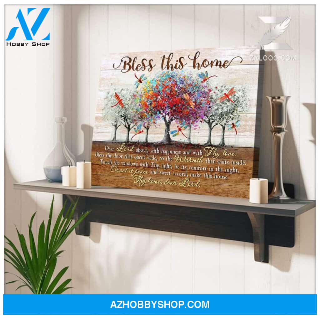 Bless This Home Dragonfly Wall Art Canvas, Wall Decor Visual Art