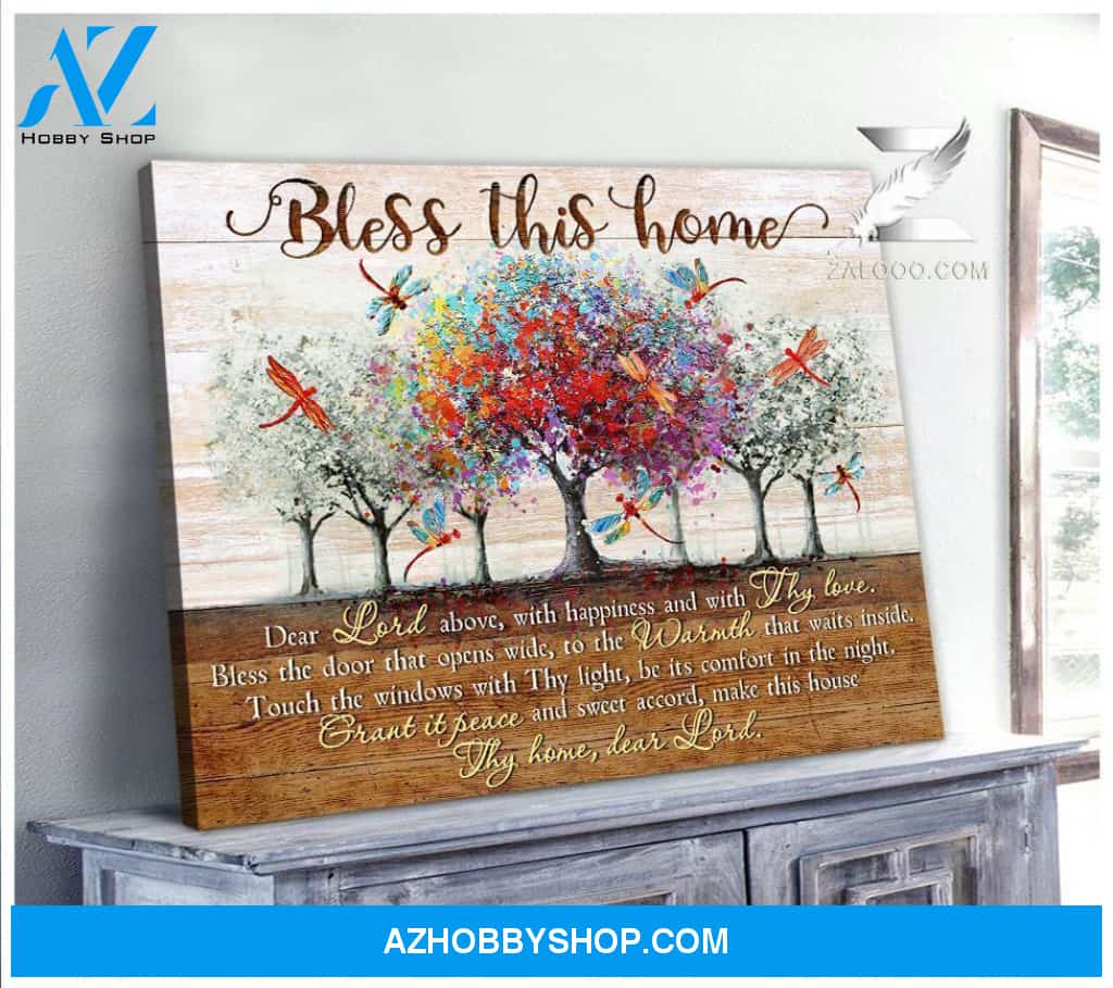 Bless This Home Dragonfly Wall Art Canvas, Wall Decor Visual Art