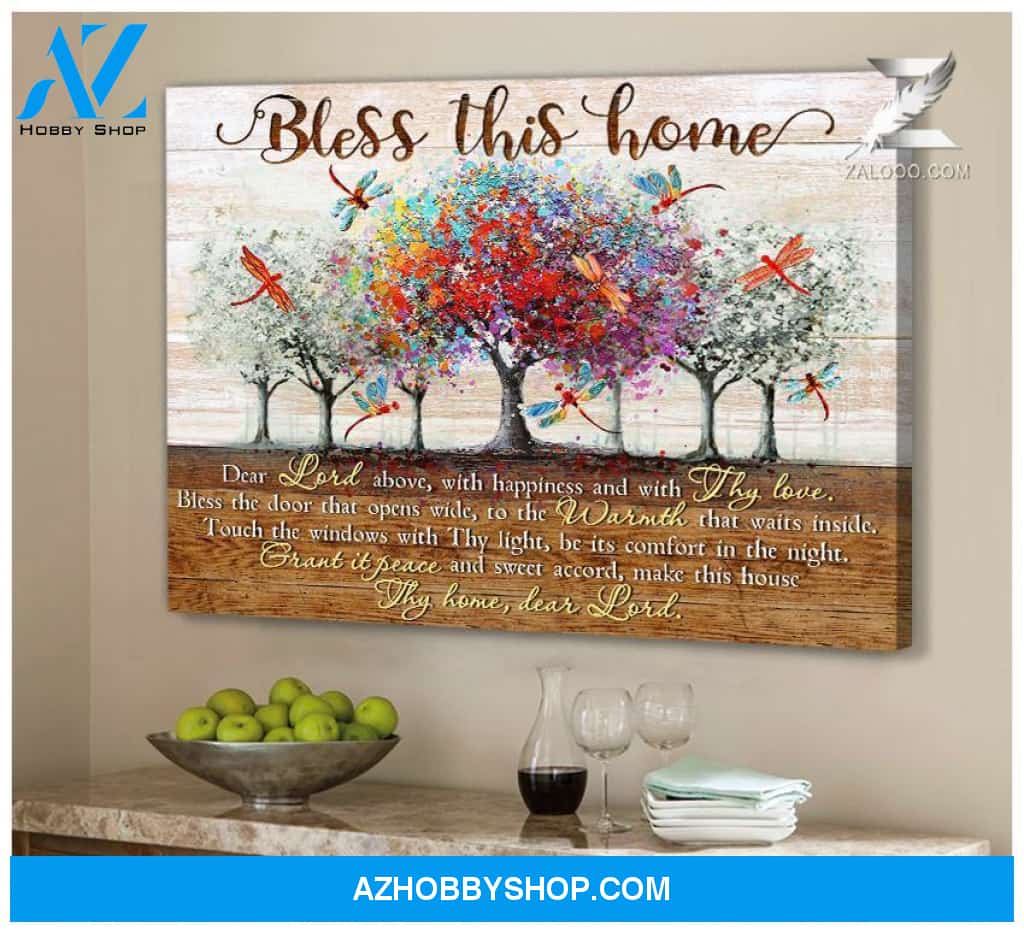 Bless This Home Dragonfly Wall Art Canvas, Wall Decor Visual Art