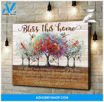 Bless This Home Dragonfly Wall Art Canvas, Wall Decor Visual Art