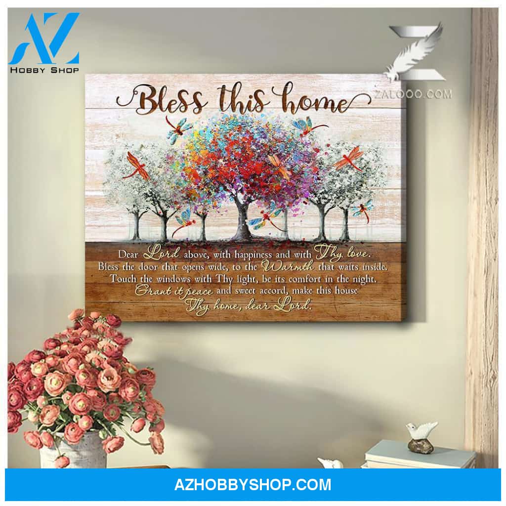 Bless This Home Dragonfly Wall Art Canvas, Wall Decor Visual Art