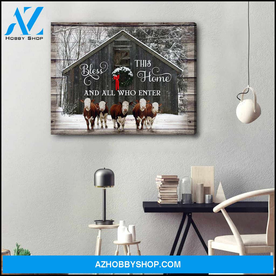 Bless This Home Hereford Cows Canvas Wall Art Decor