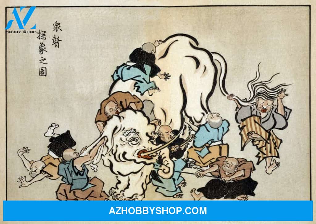 Blind Monks Examining An Elephant - Japanese Wood-Cut Poster