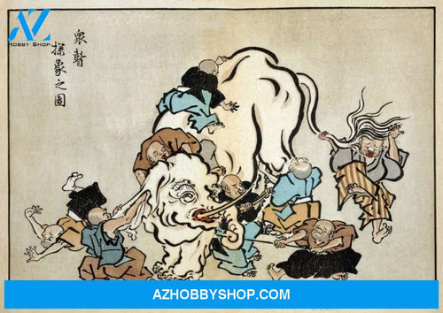 Blind Monks Examining An Elephant - Japanese Wood-Cut Poster