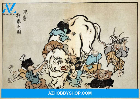 Blind Monks Examining An Elephant - Japanese Wood-Cut Poster