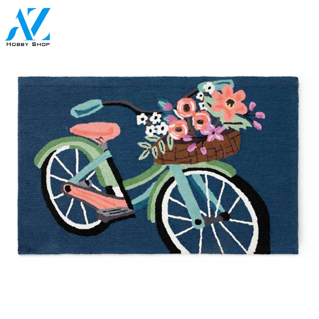 Blossom Bike Blue Background Vehicle Doormat Indoor And Outdoor Mat Entrance Rug Sweet Home Decor Housewarming Gift Gift for Friend Family Birthday New Home