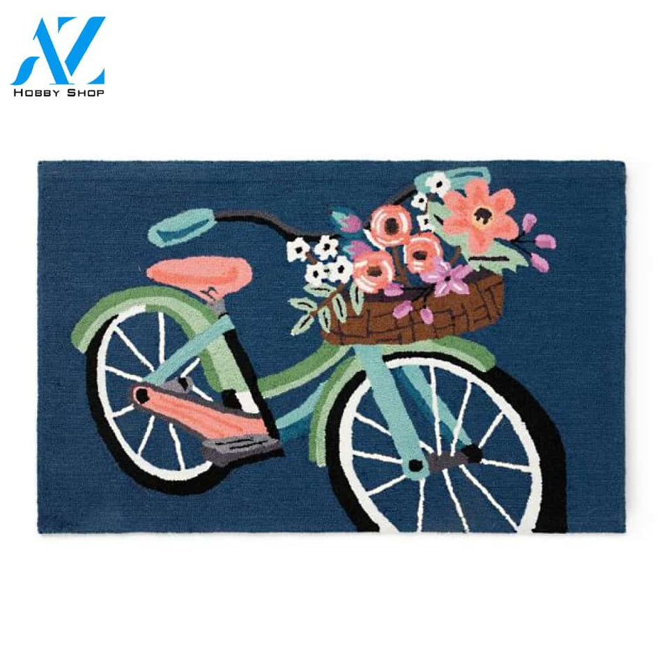 Blossom Bike Blue Background Vehicle Doormat Indoor And Outdoor Mat Entrance Rug Sweet Home Decor Housewarming Gift Gift for Friend Family Birthday New Home