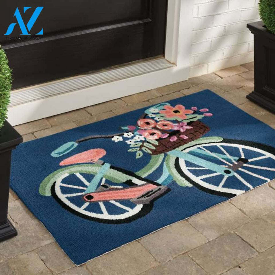 Blossom Bike Blue Background Vehicle Doormat Indoor And Outdoor Mat Entrance Rug Sweet Home Decor Housewarming Gift Gift for Friend Family Birthday New Home