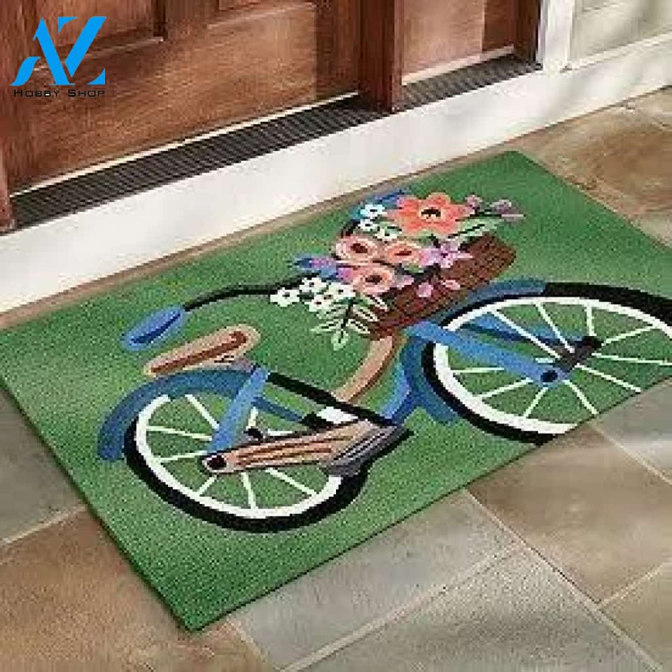 Blossom Bike Grees Background Vehicle Doormat Indoor And Outdoor Mat Entrance Rug Sweet Home Decor Housewarming Gift Gift for Friend Family Birthday New Home