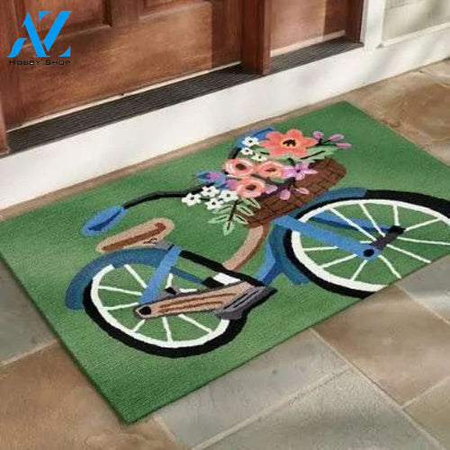 Blossom Bike Grees Background Vehicle Doormat Indoor And Outdoor Mat Entrance Rug Sweet Home Decor Housewarming Gift Gift for Friend Family Birthday New Home