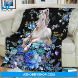 Blue And White Horse Blanket, Floral Gift For Horse Lover Family Friend Birthday Gift Home Decor Bedding Couch Sofa Soft And Comfy Cozy