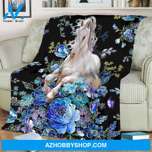 Blue And White Horse Blanket, Floral Gift For Horse Lover Family Friend Birthday Gift Home Decor Bedding Couch Sofa Soft And Comfy Cozy