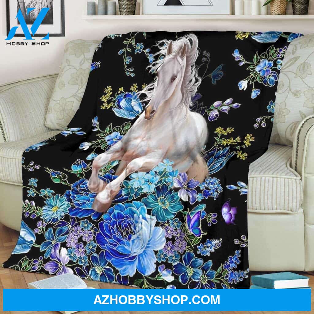 Blue And White Horse Blanket, Floral Gift For Horse Lover Family Friend Birthday Gift Home Decor Bedding Couch Sofa Soft And Comfy Cozy