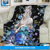 Blue And White Horse Blanket, Floral Gift For Horse Lover Family Friend Birthday Gift Home Decor Bedding Couch Sofa Soft And Comfy Cozy