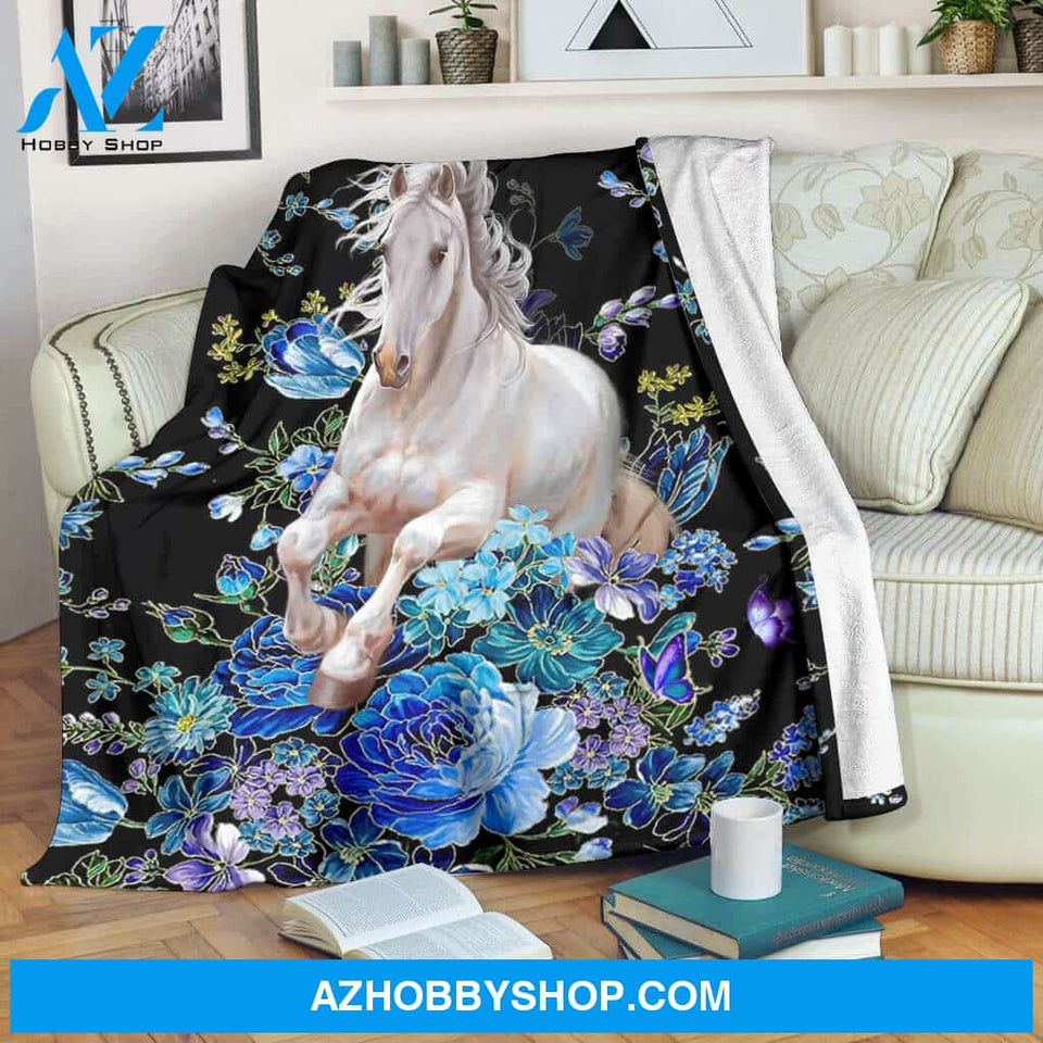 Blue And White Horse Blanket, Floral Gift For Horse Lover Family Friend Birthday Gift Home Decor Bedding Couch Sofa Soft And Comfy Cozy