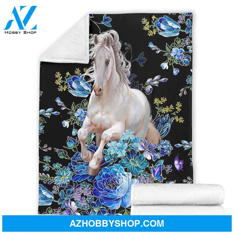Blue And White Horse Blanket, Floral Gift For Horse Lover Family Friend Birthday Gift Home Decor Bedding Couch Sofa Soft And Comfy Cozy