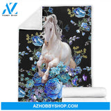 Blue And White Horse Blanket, Floral Gift For Horse Lover Family Friend Birthday Gift Home Decor Bedding Couch Sofa Soft And Comfy Cozy