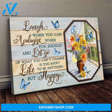 Blue butterflies and flower vase - Laugh when you can, apologize when you should and be happy Landscape Canvas Prints, Wall Art