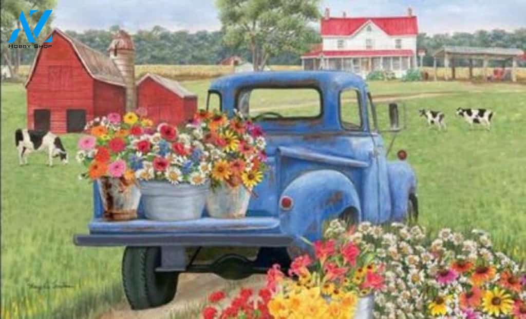 Blue Truck Spring Flowers Vehicle Doormat Indoor And Outdoor Mat Entrance Rug Sweet Home Decor Housewarming Gift Gift For Van Lovers Gift for Friend Family Birthday New Home