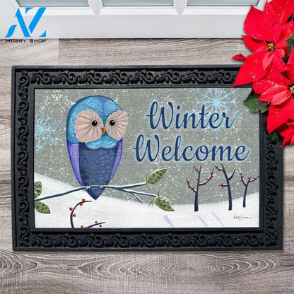 Blue Winter Owl Doormat - 18" x 30"