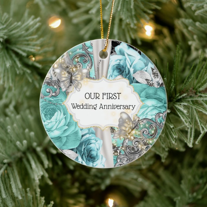 Blue Silver Rose Butterfly Anniversary Photo Ceramic Ornament