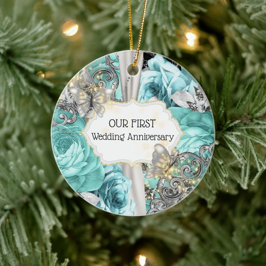 Blue Silver Rose Butterfly Anniversary Photo Ceramic Ornament
