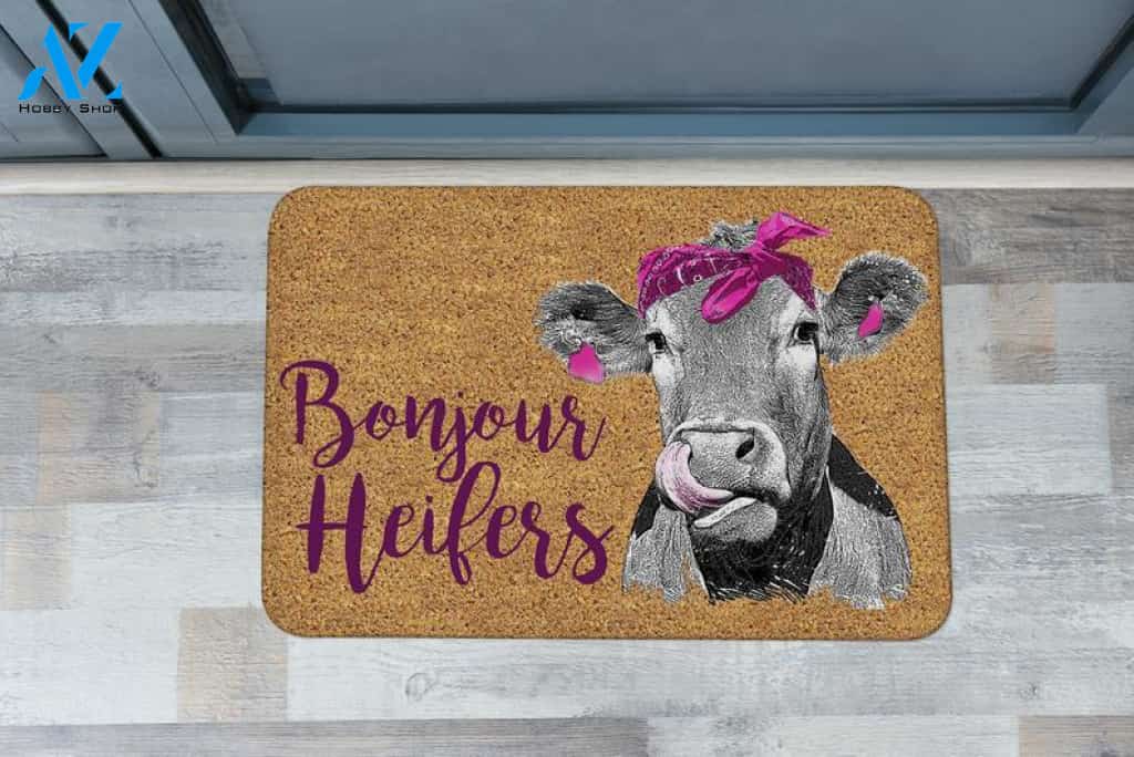 Bonjour Heifers Doormat Farm Cow Personalized Doormat Rug Housewarming Gift Family Welcome Mat Custom Funny Birthday New Year Gift