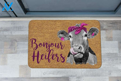 Bonjour Heifers Doormat Farm Cow Personalized Doormat Rug Housewarming Gift Family Welcome Mat Custom Funny Birthday New Year Gift