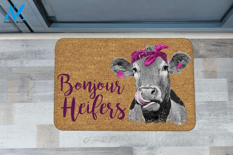 Bonjour Heifers Doormat Farm Cow Personalized Doormat Rug Housewarming Gift Family Welcome Mat Custom Funny Birthday New Year Gift