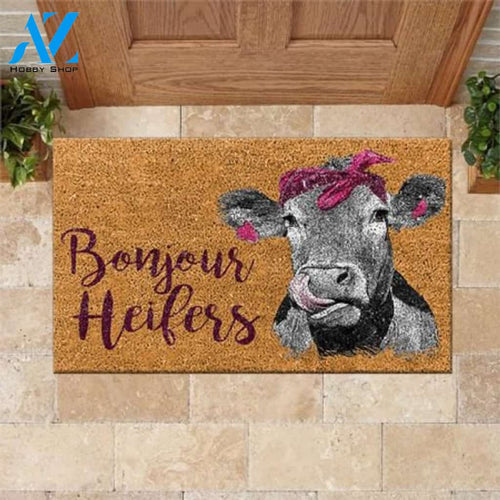 Bonjour Heifers Doormat Farm Cow Personalized Doormat Rug Housewarming Gift Family Welcome Mat Custom Funny Birthday New Year Gift