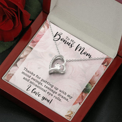 Bonus Mom -Thank You - Forever Love Heart Necklace Gift for Stepmother