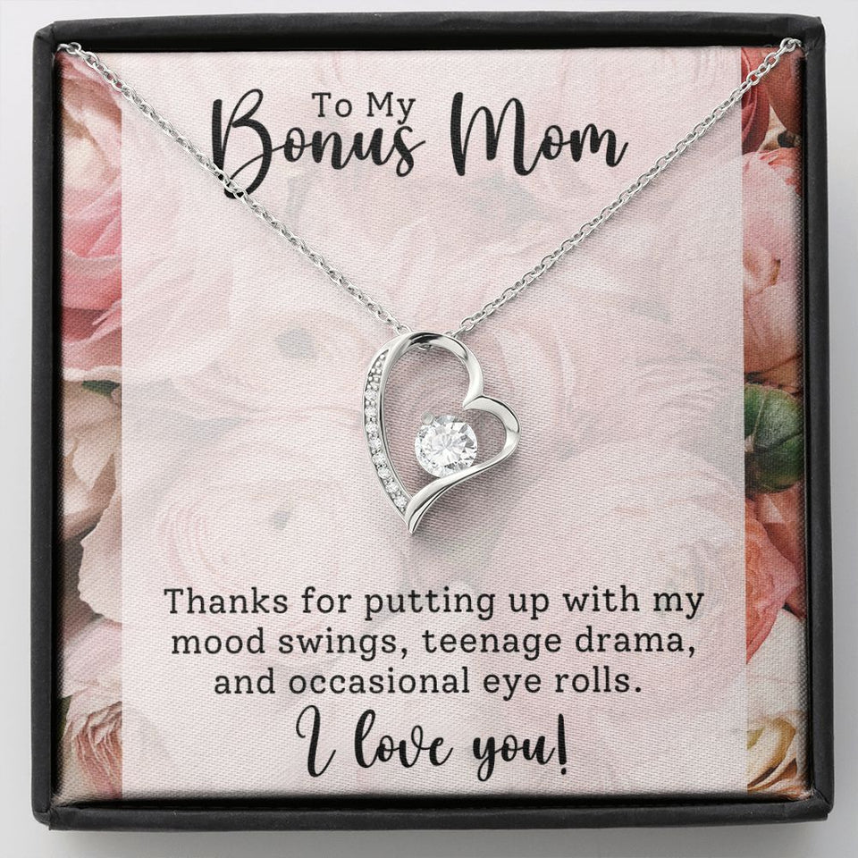 Bonus Mom -Thank You - Forever Love Heart Necklace Gift for Stepmother