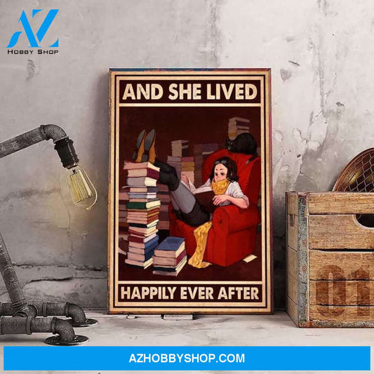 Books And Cat Lover And She Lived Happily Ever After Canvas And Poster, Wall Decor Visual Art