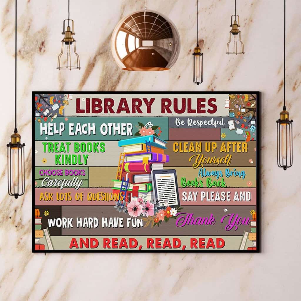 Books Library Rules Help Each Other And Read Paper Poster No Frame Matte Canvas Wall Decor