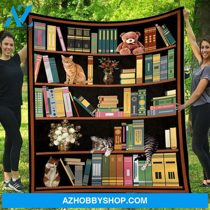 Bookshelf Cats Love Reading Gift - Fleece Blanket