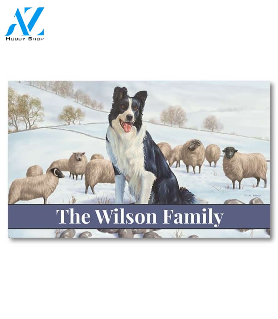 Border Collie in the Snow Personalized Doormat - 18" x 30"