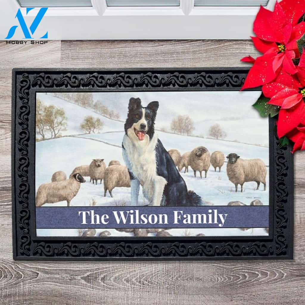 Border Collie in the Snow Personalized Doormat - 18" x 30"