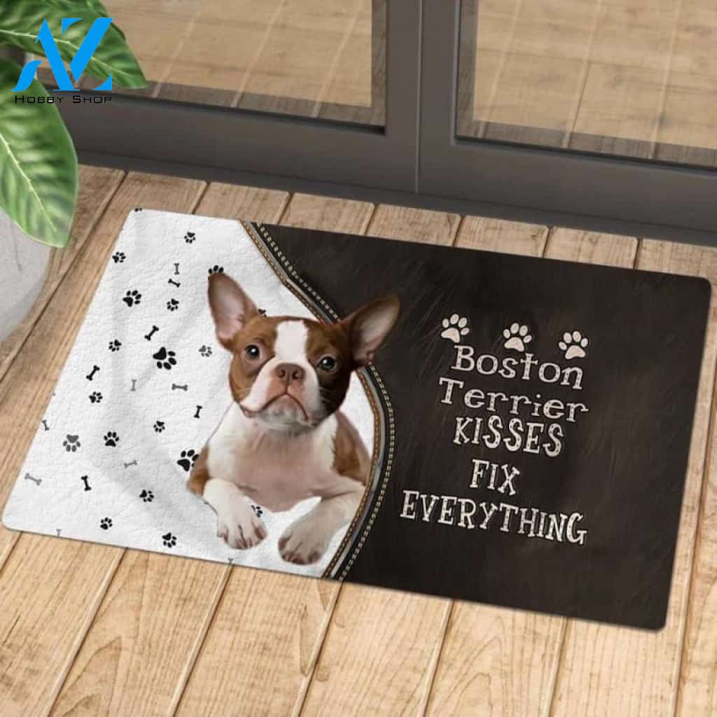 Boston Terrier 3 Kisses Fix Everything Doormat
