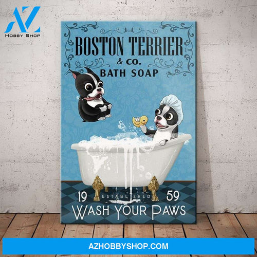 Boston Terrier Dog Bath Soap Canvas Wall Art, Wall Decor Visual Art